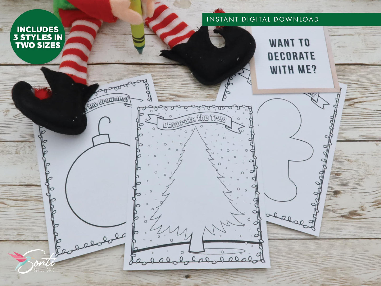 Christmas Elf Decorating Coloring Activity Sheets