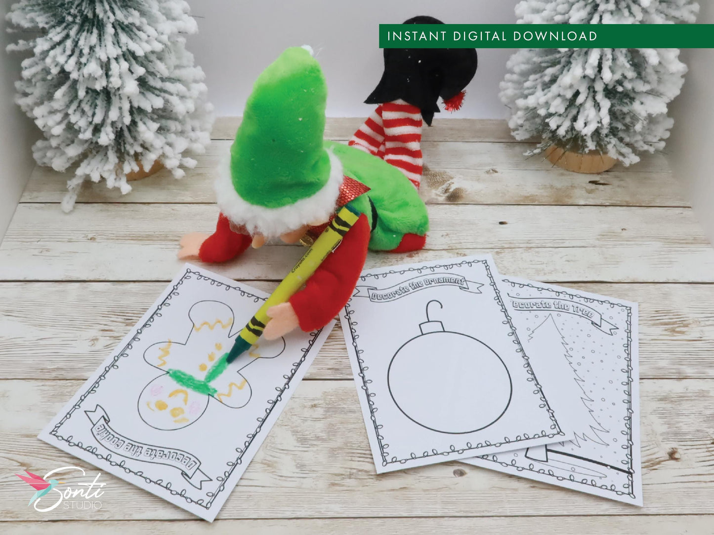 Christmas Elf Decorating Coloring Activity Sheets