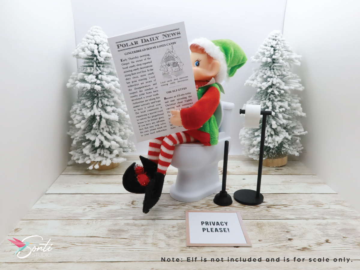 Deluxe Christmas Elf Newspaper and Toilet with Plunger, Toilet Paper Roll + Holder