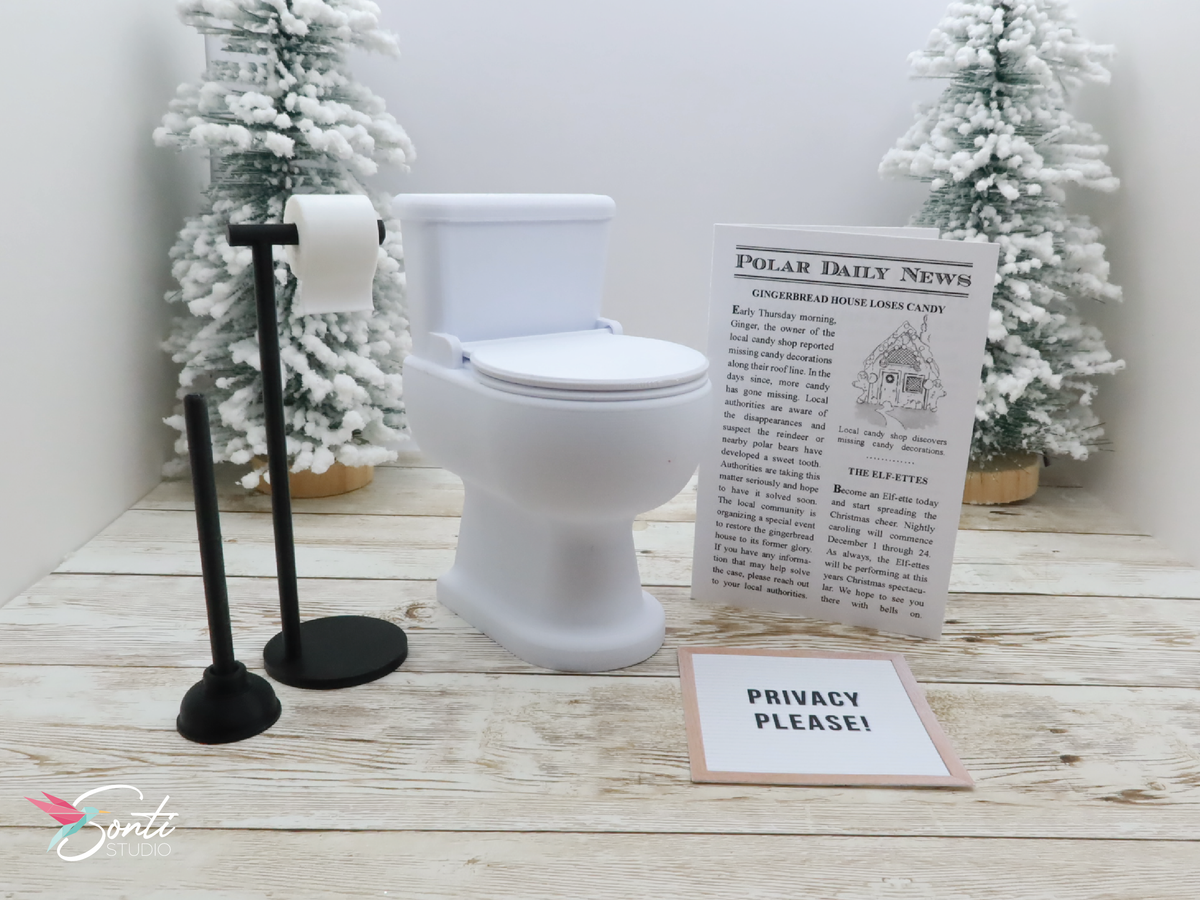 Deluxe Christmas Elf Newspaper and Toilet with Plunger, Toilet Paper Roll + Holder