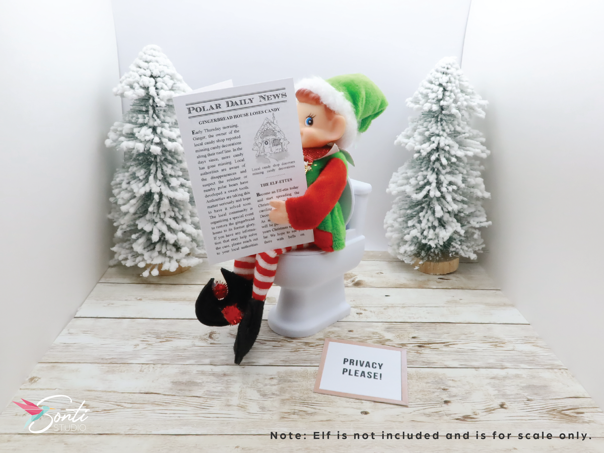 Deluxe Christmas Elf Newspaper and Toilet with Plunger, Toilet Paper Roll + Holder