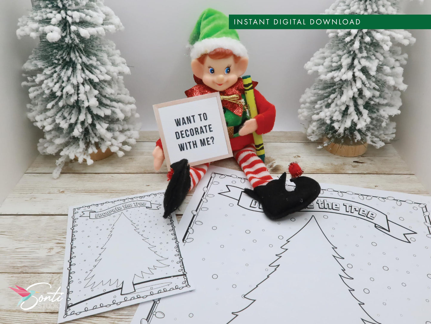 Christmas Elf Decorating Coloring Activity Sheets