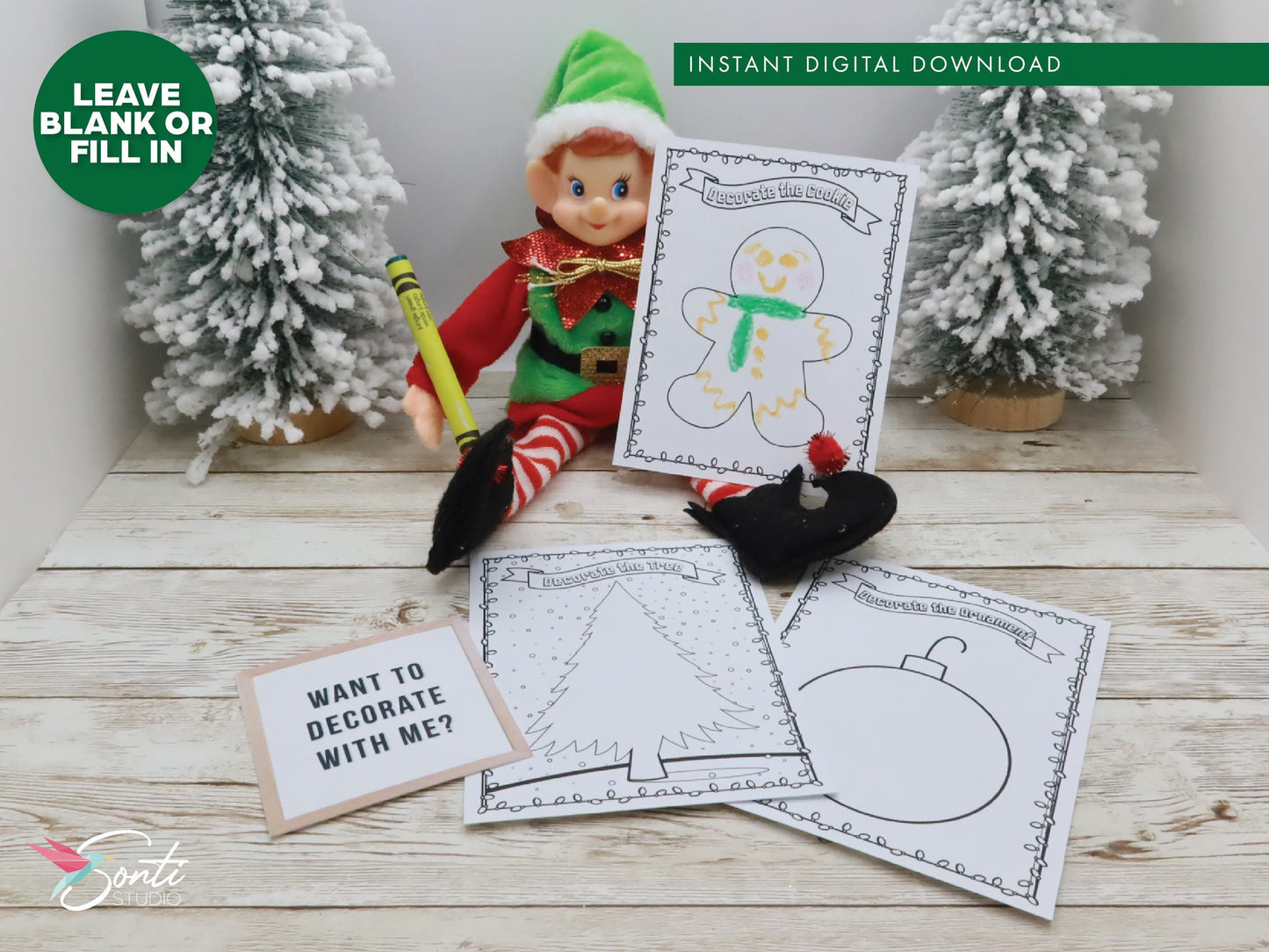 Christmas Elf Decorating Coloring Activity Sheets