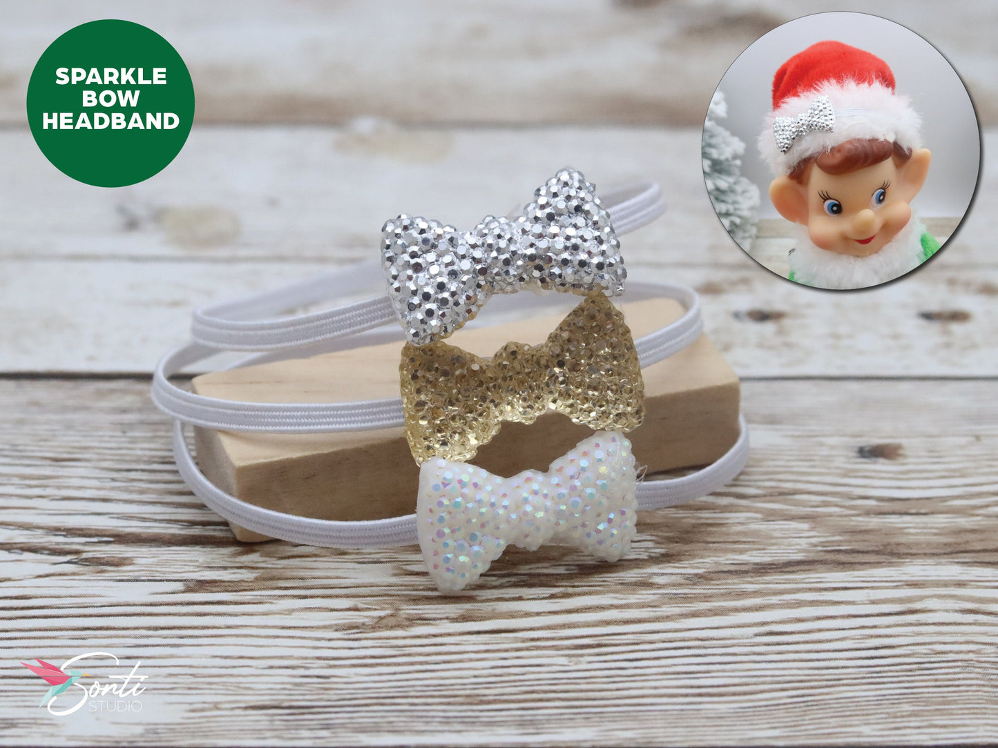 Christmas Elf Sparkle Bow Headband 3 Pack